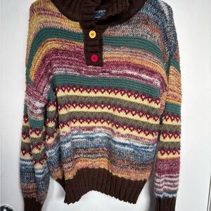 Multicolor Striped Knit Sweater with Button Collar